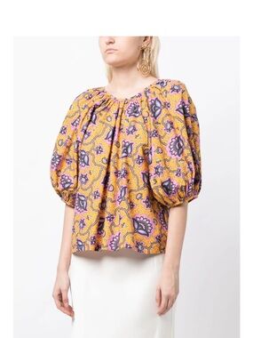 Rhode Rowan Top in Gold Lotus Print size XS Puff Sleeve NWOT